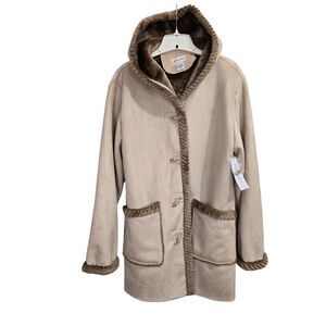 St John Bay Coat Faux Suede womens XL Eskimo Toggle Spiral Fur Trim Hood Tan NEW